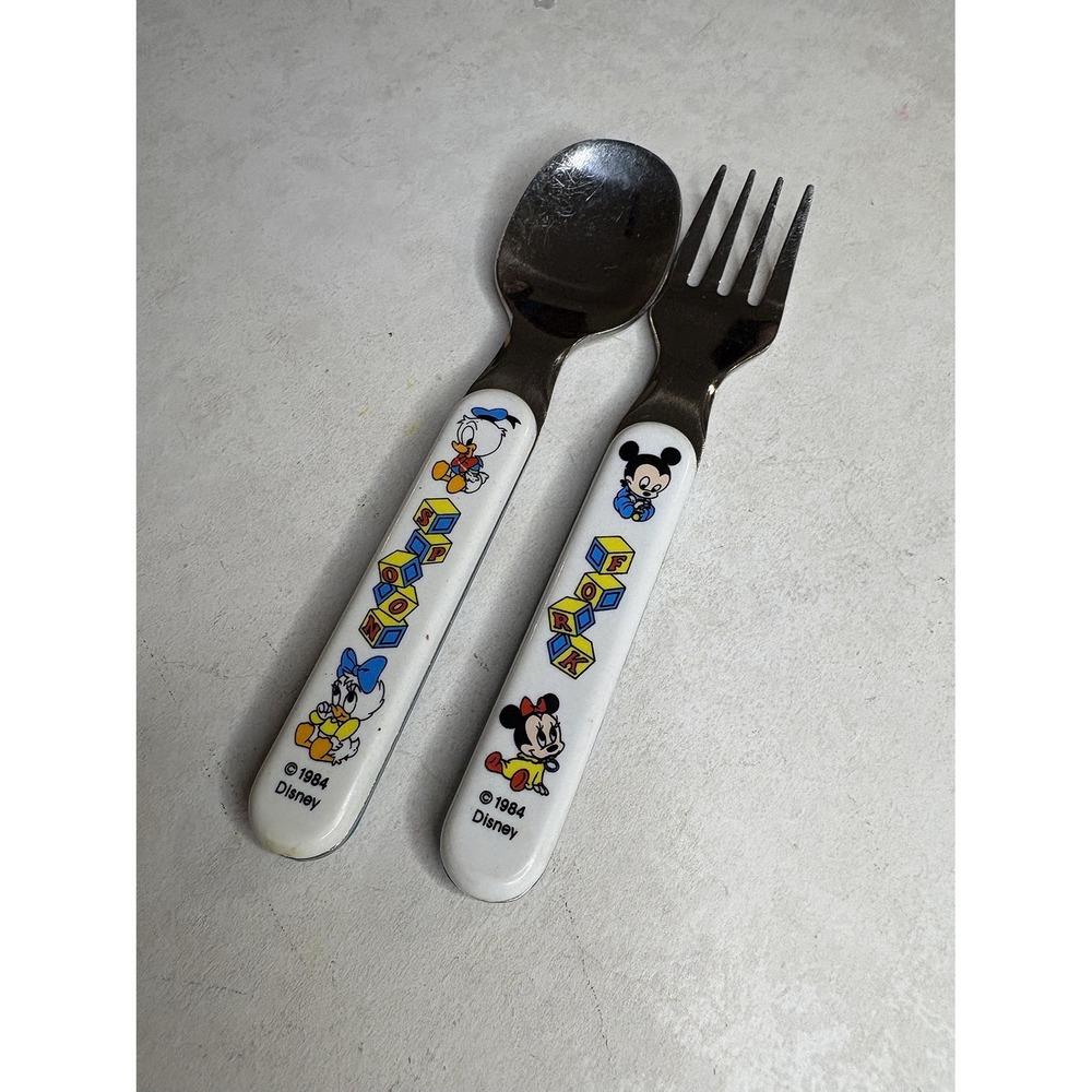 Vintage 1984 Disney Baby Mickey Minnie Donald Daisy Fork and Spoon Set Stainless